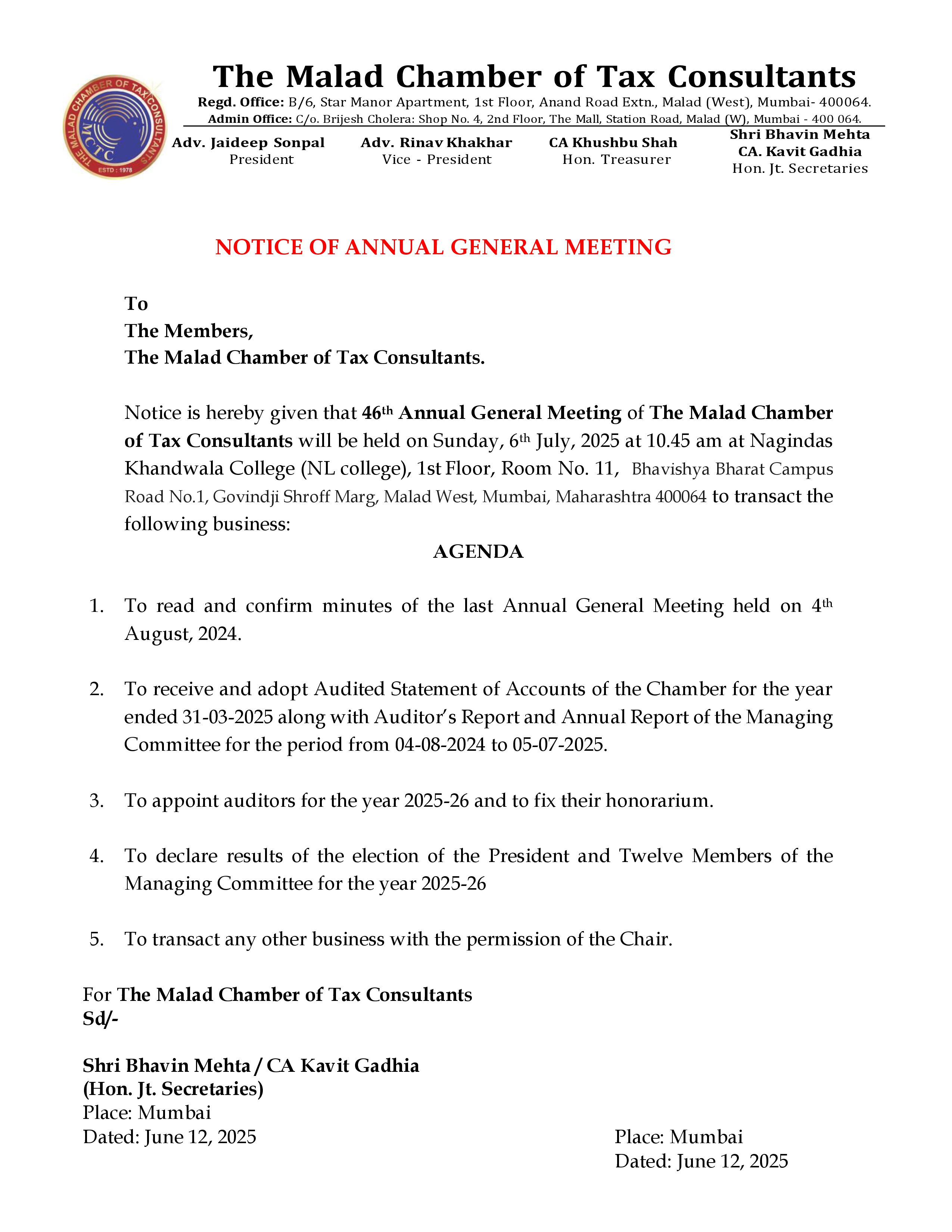 NOTICE OF ELECTION & AGM